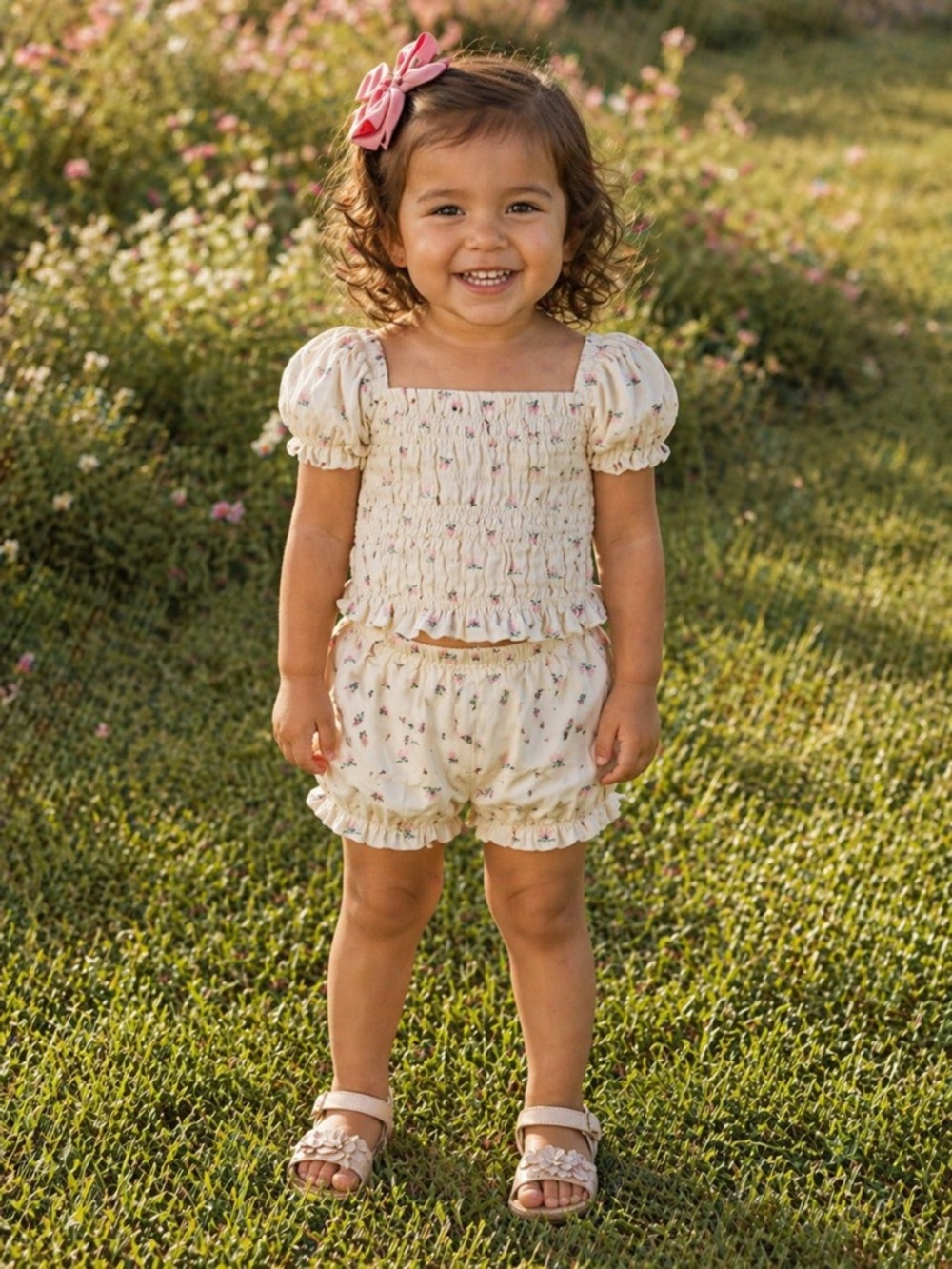 Old Navy Cream Floral Smocked Top and Shorts Set